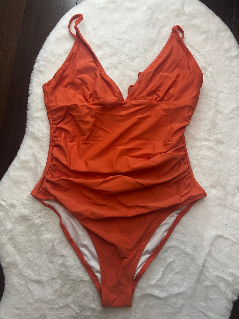 Orange One-Piece Swimsuit with V-Neck and Ruched Sides